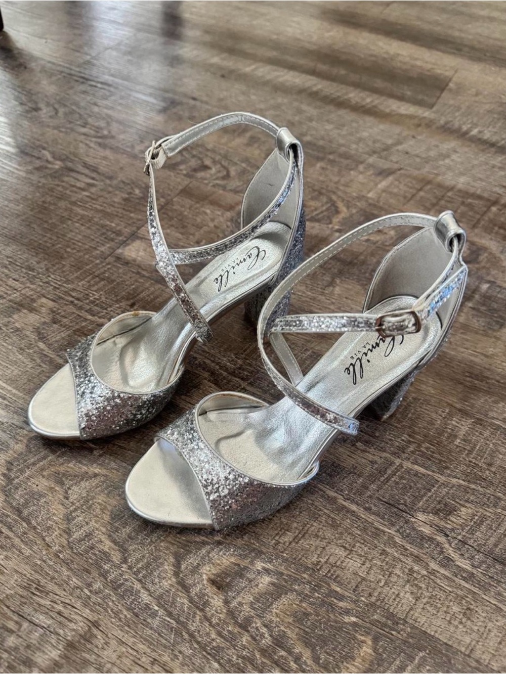 Camille La Vie Silver Glitter Strappy Block Heels